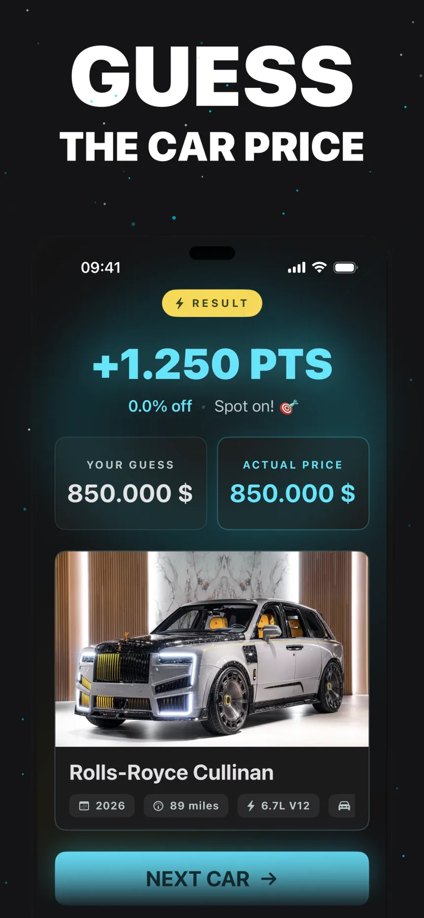 ValuX promotional screenshot: Guess the car price
