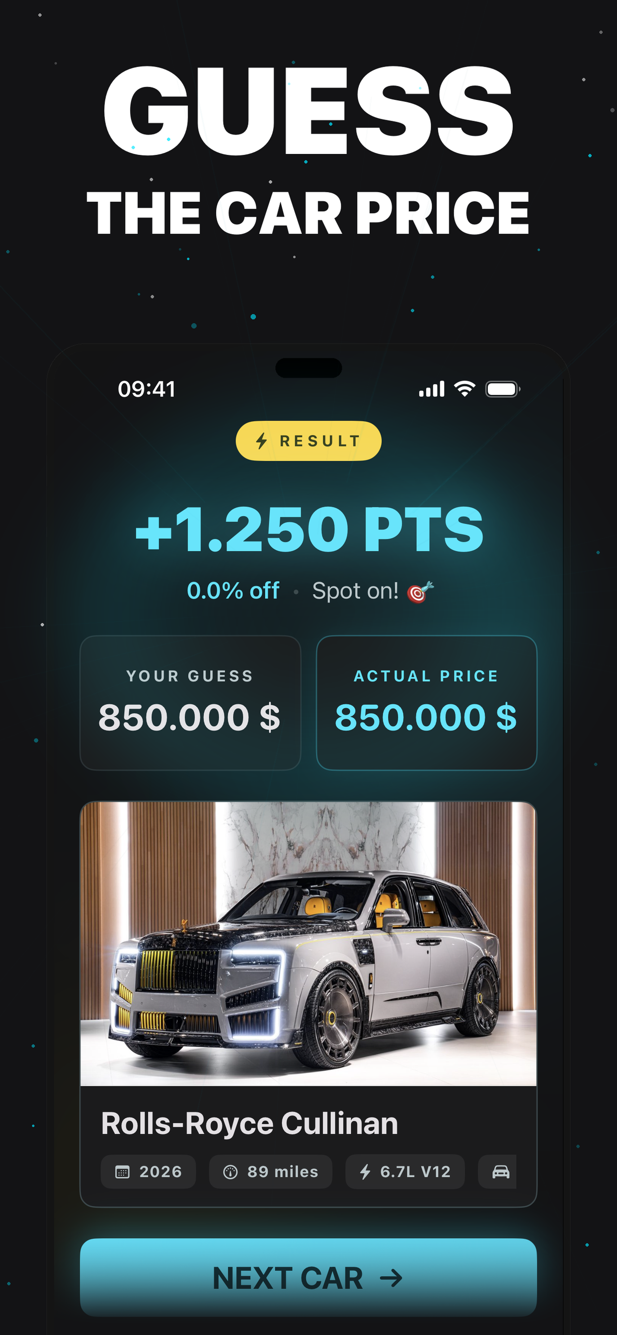 ValuX promotional screenshot: Guess the car price